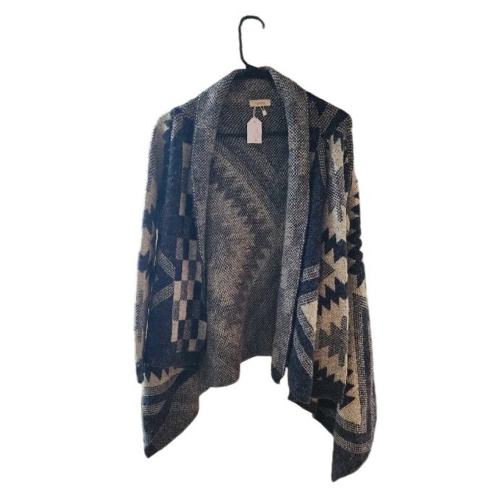 In Style Navy Blue Geometric Southwestern Open Front Waterfall Cardigan One Size